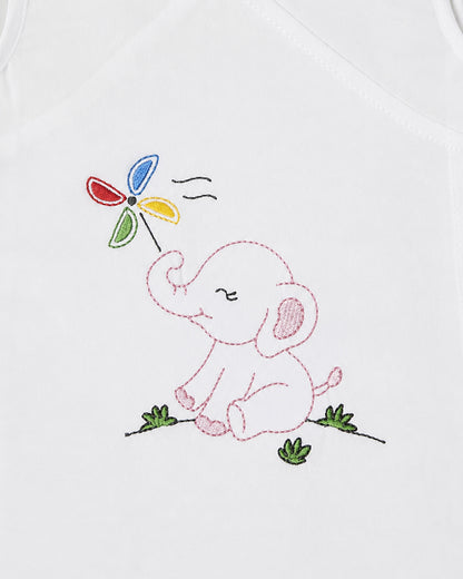 Twingle 100% Organic Cotton Frock Dress With Bloomer-Kimono Opening for Easy Dressing-Sleeveless-Embroidered-Elephant-White-For Infants