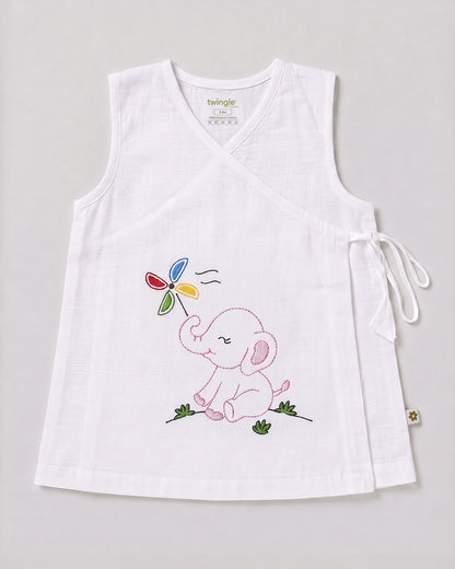 Twingle 100% Organic Cotton Frock Dress With Bloomer-Kimono Opening for Easy Dressing-Sleeveless-Embroidered-Elephant-White-For Infants