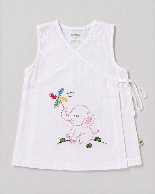 Twingle 100% Organic Cotton Frock Dress With Bloomer-Kimono Opening for Easy Dressing-Sleeveless-Embroidered-Elephant-White-For Infants