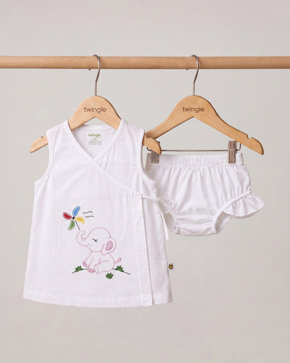 Twingle 100% Organic Cotton Frock Dress With Bloomer-Kimono Opening for Easy Dressing-Sleeveless-Embroidered-Elephant-White-For Infants