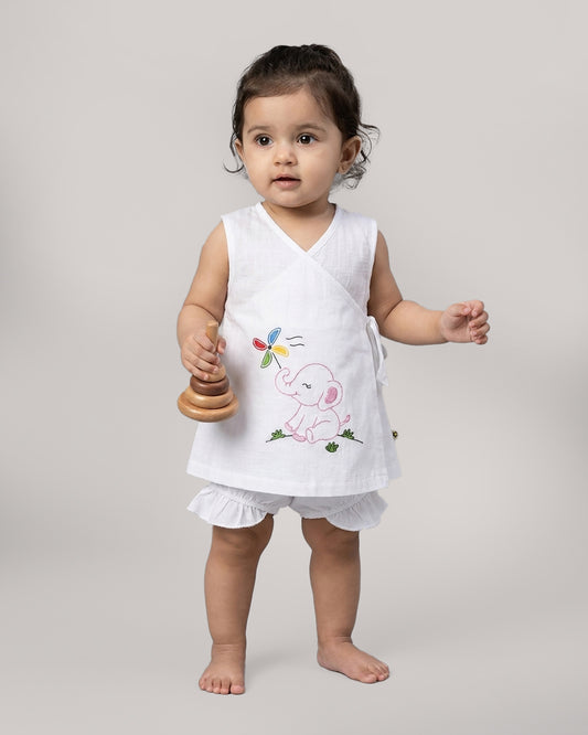 Twingle 100% Organic Cotton Frock Dress With Bloomer-Kimono Opening for Easy Dressing-Sleeveless-Embroidered-Elephant-White-For Infants