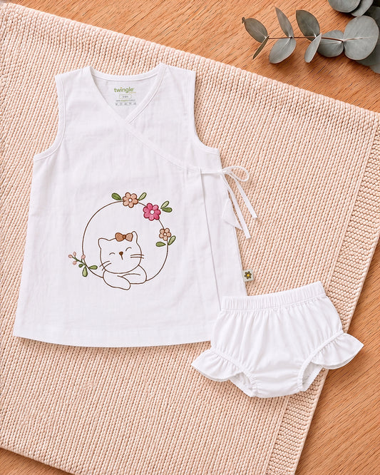 Twingle 100% Organic Cotton Frock Dress With Bloomer-Kimono Opening for Easy Dressing-Sleeveless-Embroidered-Cat-White-For Infants