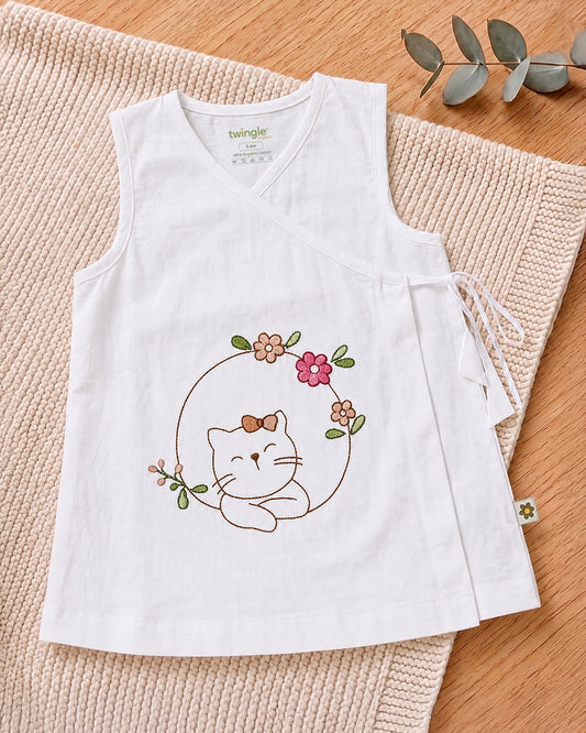 Twingle 100% Organic Cotton Frock Dress With Bloomer-Kimono Opening for Easy Dressing-Sleeveless-Embroidered-Cat-White-For Infants