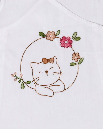Twingle 100% Organic Cotton Frock Dress With Bloomer-Kimono Opening for Easy Dressing-Sleeveless-Embroidered-Cat-White-For Infants