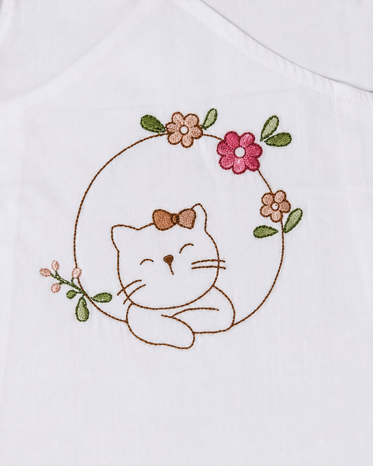 Twingle 100% Organic Cotton Frock Dress With Bloomer-Kimono Opening for Easy Dressing-Sleeveless-Embroidered-Cat-White-For Infants