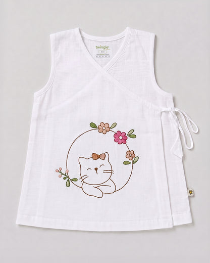 Twingle 100% Organic Cotton Frock Dress With Bloomer-Kimono Opening for Easy Dressing-Sleeveless-Embroidered-Cat-White-For Infants