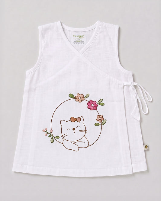 Twingle 100% Organic Cotton Frock Dress With Bloomer-Kimono Opening for Easy Dressing-Sleeveless-Embroidered-Cat-White-For Infants