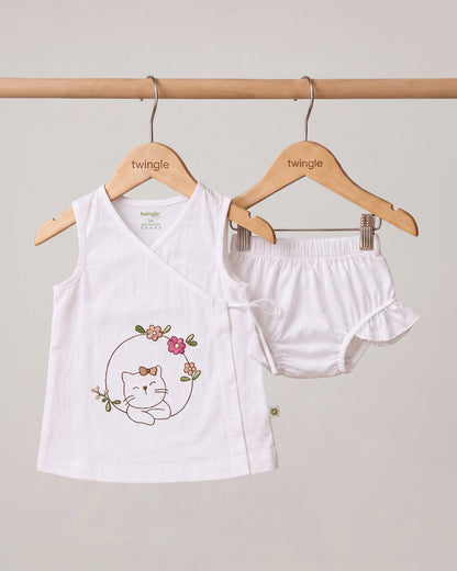 Twingle 100% Organic Cotton Frock Dress With Bloomer-Kimono Opening for Easy Dressing-Sleeveless-Embroidered-Cat-White-For Infants