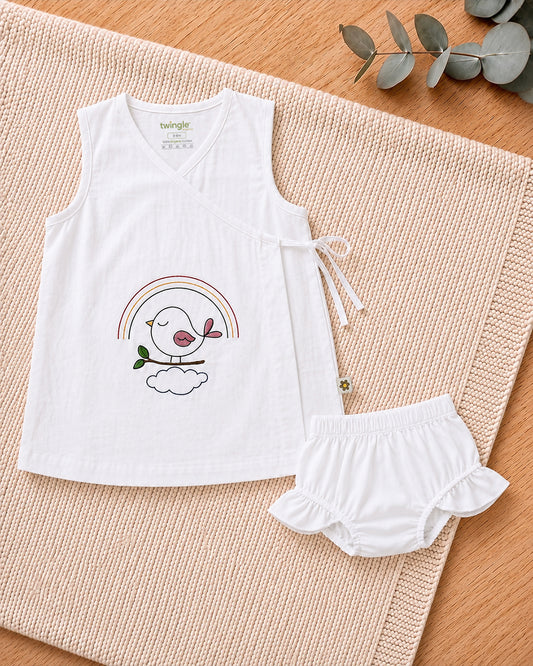 Twingle 100% Organic Cotton Frock Dress With Bloomer-Kimono Opening for Easy Dressing-Sleeveless-Embroidered-Bird-White-For Infants