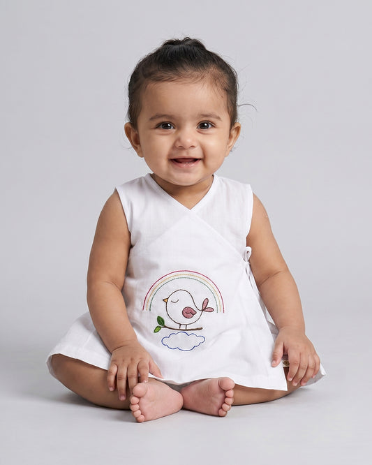 Twingle 100% Organic Cotton Frock Dress With Bloomer-Kimono Opening for Easy Dressing-Sleeveless-Embroidered-Bird-White-For Infants