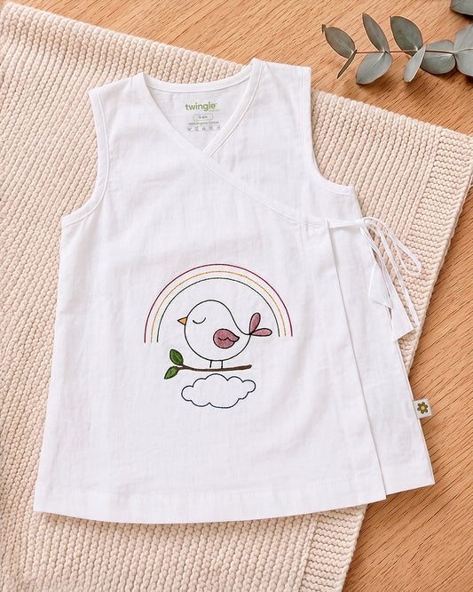 Twingle 100% Organic Cotton Frock Dress With Bloomer-Kimono Opening for Easy Dressing-Sleeveless-Embroidered-Bird-White-For Infants