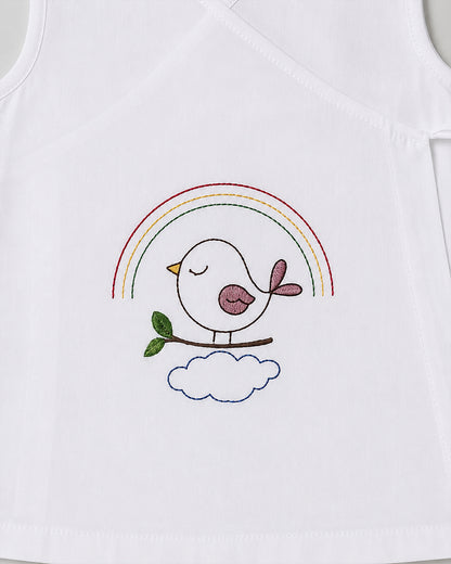 Twingle 100% Organic Cotton Frock Dress With Bloomer-Kimono Opening for Easy Dressing-Sleeveless-Embroidered-Bird-White-For Infants