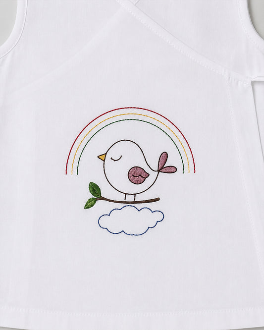Twingle 100% Organic Cotton Frock Dress With Bloomer-Kimono Opening for Easy Dressing-Sleeveless-Embroidered-Bird-White-For Infants