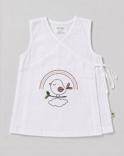 Twingle 100% Organic Cotton Frock Dress With Bloomer-Kimono Opening for Easy Dressing-Sleeveless-Embroidered-Bird-White-For Infants