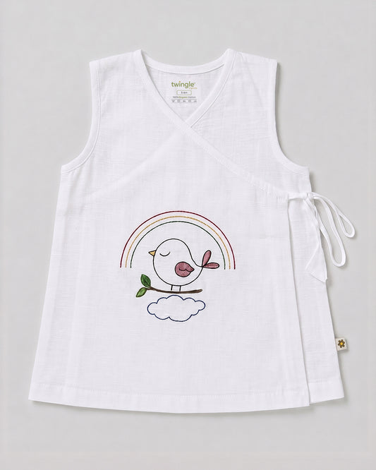 Twingle 100% Organic Cotton Frock Dress With Bloomer-Kimono Opening for Easy Dressing-Sleeveless-Embroidered-Bird-White-For Infants