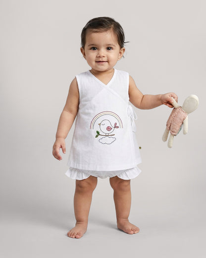Twingle 100% Organic Cotton Frock Dress With Bloomer-Kimono Opening for Easy Dressing-Sleeveless-Embroidered-Bird-White-For Infants