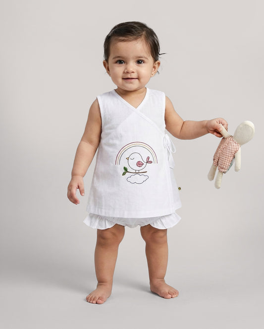Twingle 100% Organic Cotton Frock Dress With Bloomer-Kimono Opening for Easy Dressing-Sleeveless-Embroidered-Bird-White-For Infants