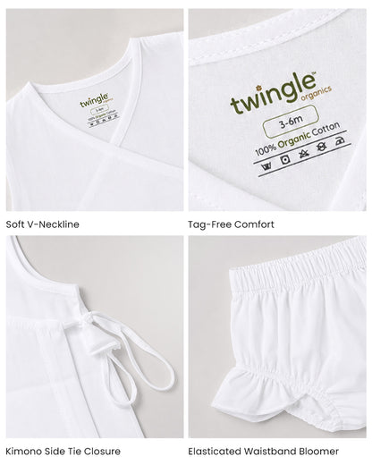 Twingle 100% Organic Cotton Frock Dress With Bloomer-Kimono Opening for Easy Dressing-Sleeveless-Embroidered-Bird-White-For Infants