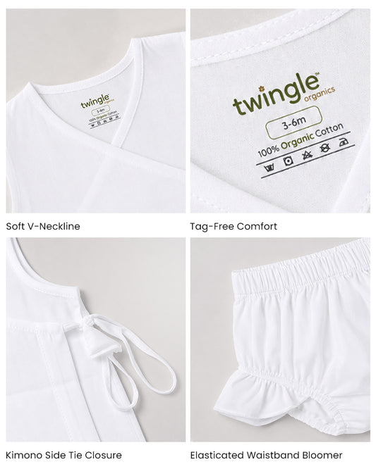 Twingle 100% Organic Cotton Frock Dress With Bloomer-Kimono Opening for Easy Dressing-Sleeveless-Embroidered-Bird-White-For Infants