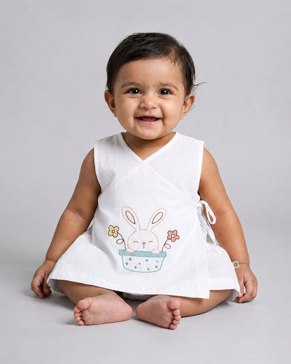 Twingle 100% Organic Cotton Frock Dress With Bloomer-Kimono Opening for Easy Dressing-Sleeveless-Embroidered-Rabbit-White-For Infants