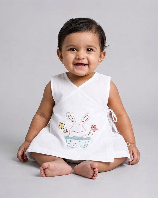 Twingle 100% Organic Cotton Frock Dress With Bloomer-Kimono Opening for Easy Dressing-Sleeveless-Embroidered-Rabbit-White-For Infants