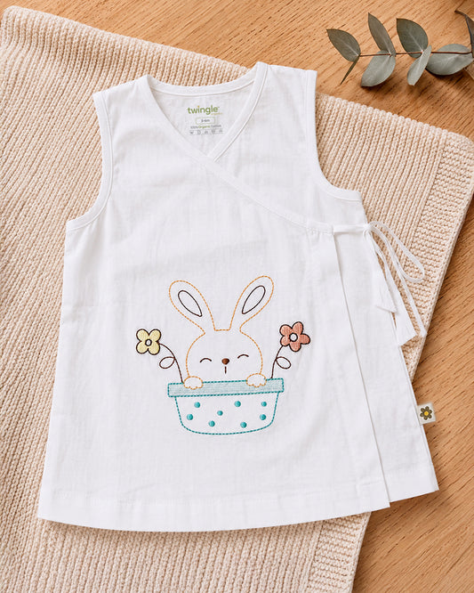 Twingle 100% Organic Cotton Frock Dress With Bloomer-Kimono Opening for Easy Dressing-Sleeveless-Embroidered-Rabbit-White-For Infants