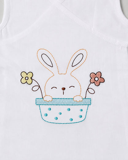 Twingle 100% Organic Cotton Frock Dress With Bloomer-Kimono Opening for Easy Dressing-Sleeveless-Embroidered-Rabbit-White-For Infants