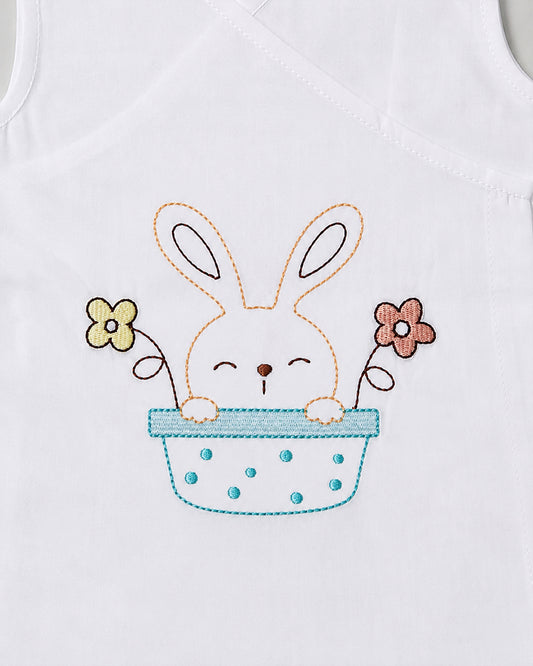 Twingle 100% Organic Cotton Frock Dress With Bloomer-Kimono Opening for Easy Dressing-Sleeveless-Embroidered-Rabbit-White-For Infants