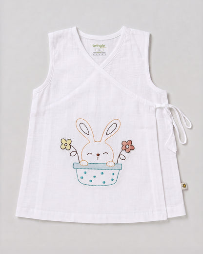 Twingle 100% Organic Cotton Frock Dress With Bloomer-Kimono Opening for Easy Dressing-Sleeveless-Embroidered-Rabbit-White-For Infants