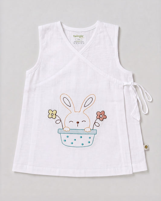 Twingle 100% Organic Cotton Frock Dress With Bloomer-Kimono Opening for Easy Dressing-Sleeveless-Embroidered-Rabbit-White-For Infants