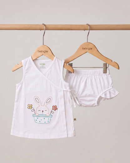 Twingle 100% Organic Cotton Frock Dress With Bloomer-Kimono Opening for Easy Dressing-Sleeveless-Embroidered-Rabbit-White-For Infants