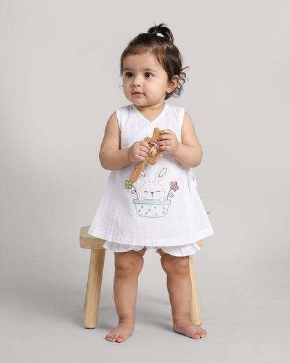 Twingle 100% Organic Cotton Frock Dress With Bloomer-Kimono Opening for Easy Dressing-Sleeveless-Embroidered-Rabbit-White-For Infants