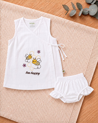 Twingle 100% Organic Cotton Frock Dress With Bloomer-Kimono Opening for Easy Dressing-Sleeveless-Embroidered-Bee-White-For Infants
