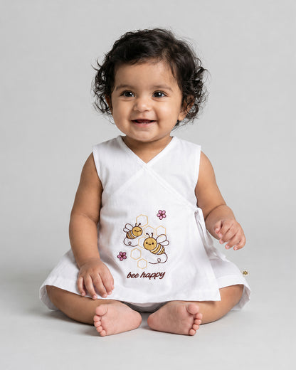 Twingle 100% Organic Cotton Frock Dress With Bloomer-Kimono Opening for Easy Dressing-Sleeveless-Embroidered-Bee-White-For Infants