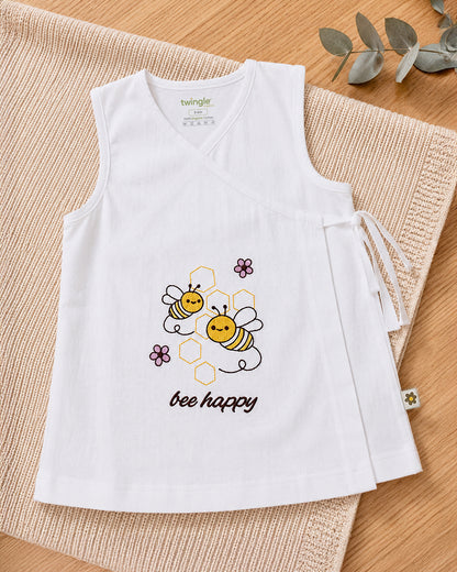 Twingle 100% Organic Cotton Frock Dress With Bloomer-Kimono Opening for Easy Dressing-Sleeveless-Embroidered-Bee-White-For Infants