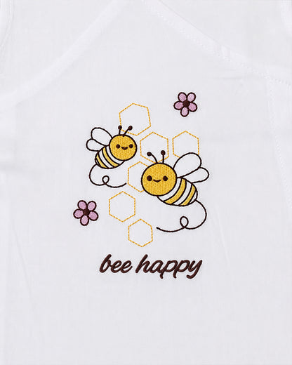 Twingle 100% Organic Cotton Frock Dress With Bloomer-Kimono Opening for Easy Dressing-Sleeveless-Embroidered-Bee-White-For Infants