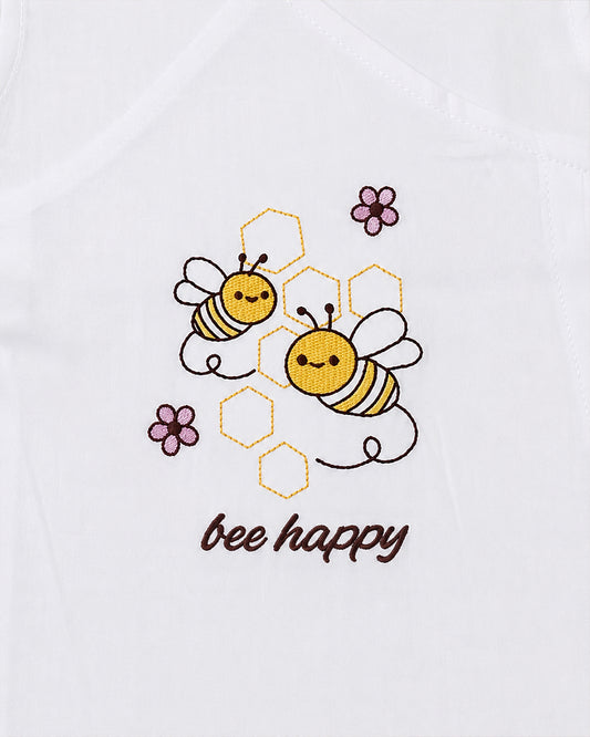 Twingle 100% Organic Cotton Frock Dress With Bloomer-Kimono Opening for Easy Dressing-Sleeveless-Embroidered-Bee-White-For Infants