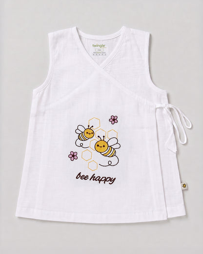 Twingle 100% Organic Cotton Frock Dress With Bloomer-Kimono Opening for Easy Dressing-Sleeveless-Embroidered-Bee-White-For Infants
