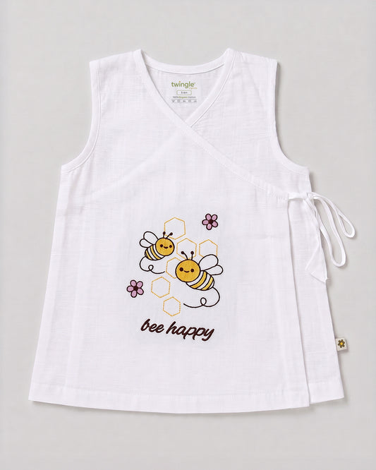 Twingle 100% Organic Cotton Frock Dress With Bloomer-Kimono Opening for Easy Dressing-Sleeveless-Embroidered-Bee-White-For Infants
