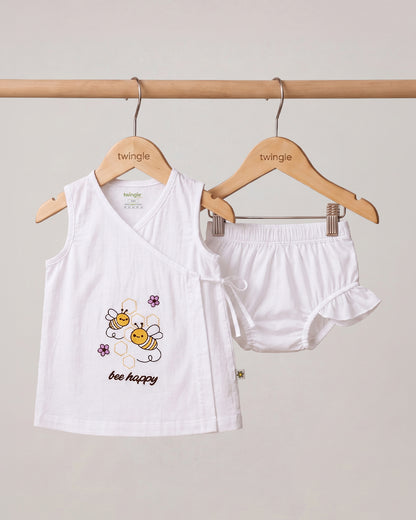 Twingle 100% Organic Cotton Frock Dress With Bloomer-Kimono Opening for Easy Dressing-Sleeveless-Embroidered-Bee-White-For Infants