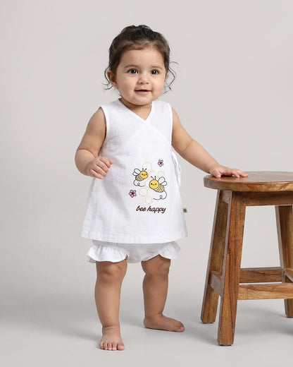 Twingle 100% Organic Cotton Frock Dress With Bloomer-Kimono Opening for Easy Dressing-Sleeveless-Embroidered-Bee-White-For Infants