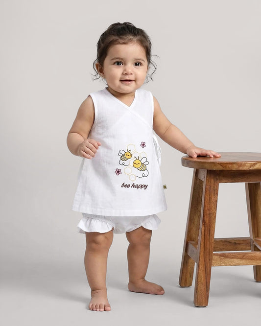 Twingle 100% Organic Cotton Frock Dress With Bloomer-Kimono Opening for Easy Dressing-Sleeveless-Embroidered-Bee-White-For Infants