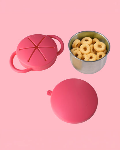 Theoni Stainless Steel Snack Cup with Removable Silicone Food Catcher & Travel Lid-Spill-Proof & Dishwasher Safe-Red-300ml