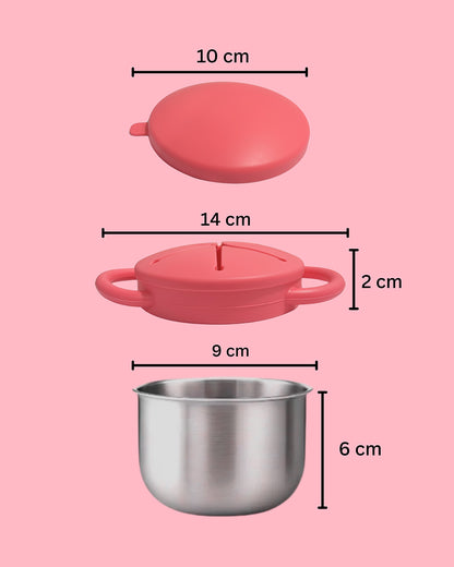 Theoni Stainless Steel Snack Cup with Removable Silicone Food Catcher & Travel Lid-Spill-Proof & Dishwasher Safe-Red-300ml