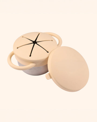 Theoni Stainless Steel Snack Cup with Removable Silicone Food Catcher & Travel Lid-Spill-Proof & Dishwasher Safe-Beige-300ml