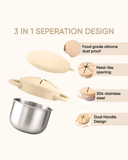Theoni Stainless Steel Snack Cup with Removable Silicone Food Catcher & Travel Lid-Spill-Proof & Dishwasher Safe-Beige-300ml