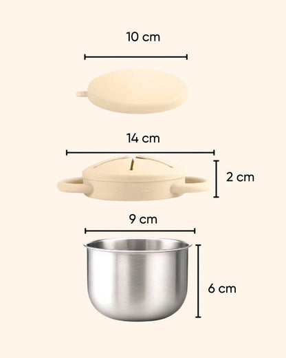 Theoni Stainless Steel Snack Cup with Removable Silicone Food Catcher & Travel Lid-Spill-Proof & Dishwasher Safe-Beige-300ml