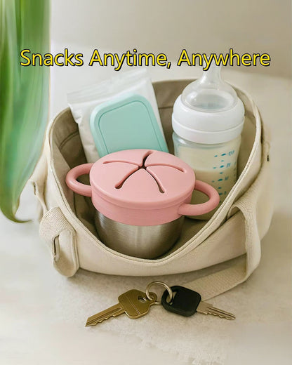Theoni Stainless Steel Snack Cup with Removable Silicone Food Catcher & Travel Lid-Spill-Proof & Dishwasher Safe-Blue-300ml