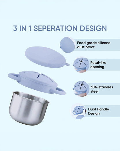 Theoni Stainless Steel Snack Cup with Removable Silicone Food Catcher & Travel Lid-Spill-Proof & Dishwasher Safe-Blue-300ml