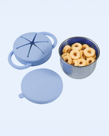 Theoni Stainless Steel Snack Cup with Removable Silicone Food Catcher & Travel Lid-Spill-Proof & Dishwasher Safe-Blue-300ml